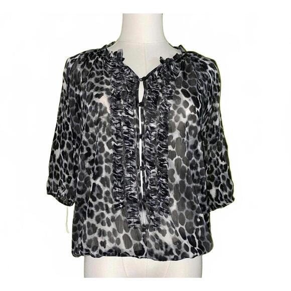 Y2K Express Sheer Leopard Blouse XS Ruffle Front Semi-Crop Statement Vintage Top - Picture 1 of 4